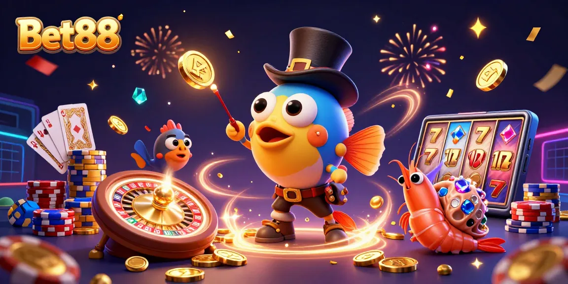 Experience thrilling gaming adventures at Bet88 with captivating elements and vibrant characters in this dynamic illustration.