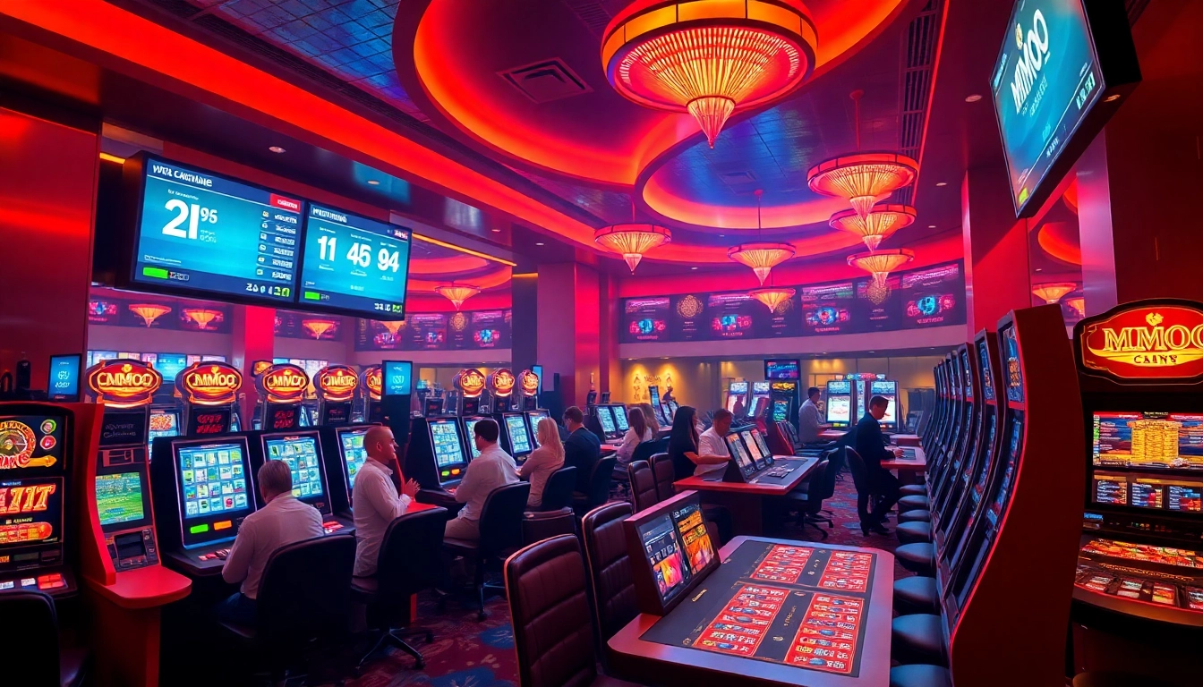 MMOO online casino environment with vibrant lighting, players enjoying games.