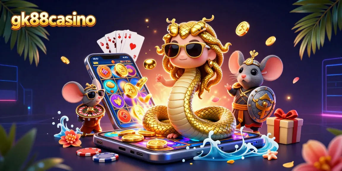 Experience the excitement of gk88casino with a dynamic 3D illustration showcasing vibrant casino games and interactive elements.