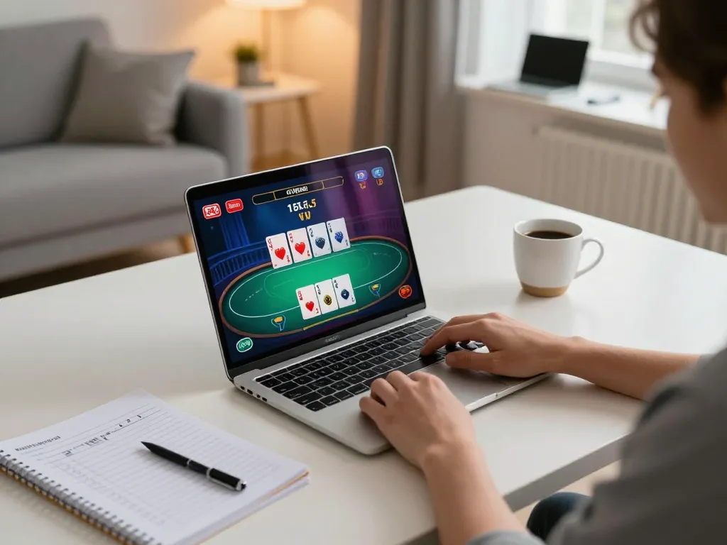 Engaging in online poker game with rik88 on a laptop at a cozy home office