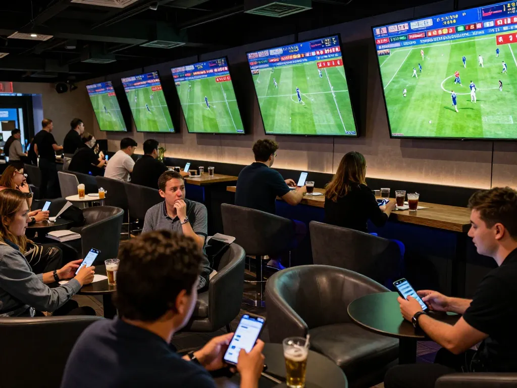 Soi kèo Chelsea shown in a lively sports betting lounge with fans analyzing odds and placing bets.