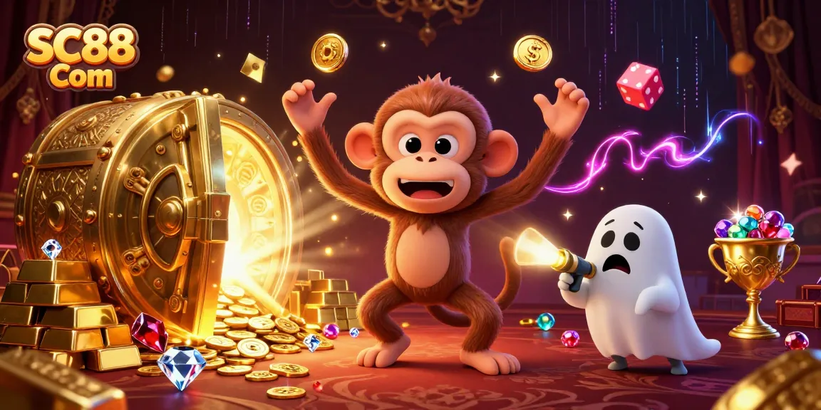 Experience thrilling wins at SC88 Com with a poltergeist monkey juggling golden treasures in an exciting casino scene.