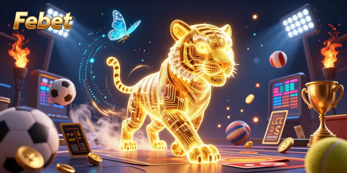 Engage with Febet's vibrant casino realm featuring a neon tiger and dynamic sports elements.
