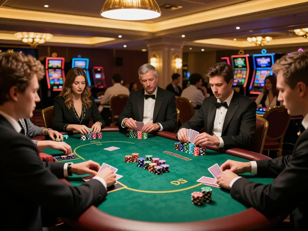 Players at ALO8 poker table strategizing during an intense game, showcasing vibrant casino atmosphere