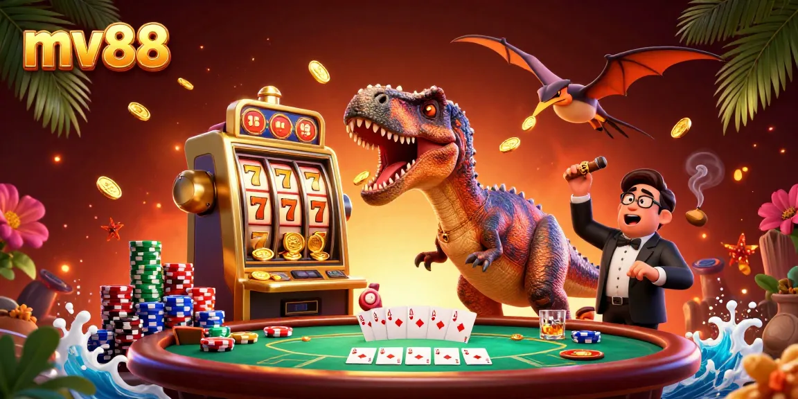 Join the excitement of mv88 as a pachycephalosaurus wins jackpot coins from a golden slot machine!