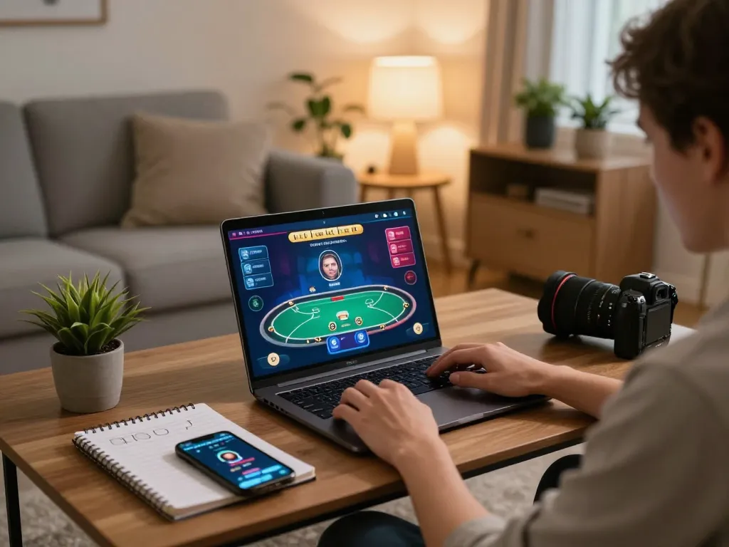 Person engaged in an online poker game on o8net3 with gaming strategies laid out, creating a cozy atmosphere.
