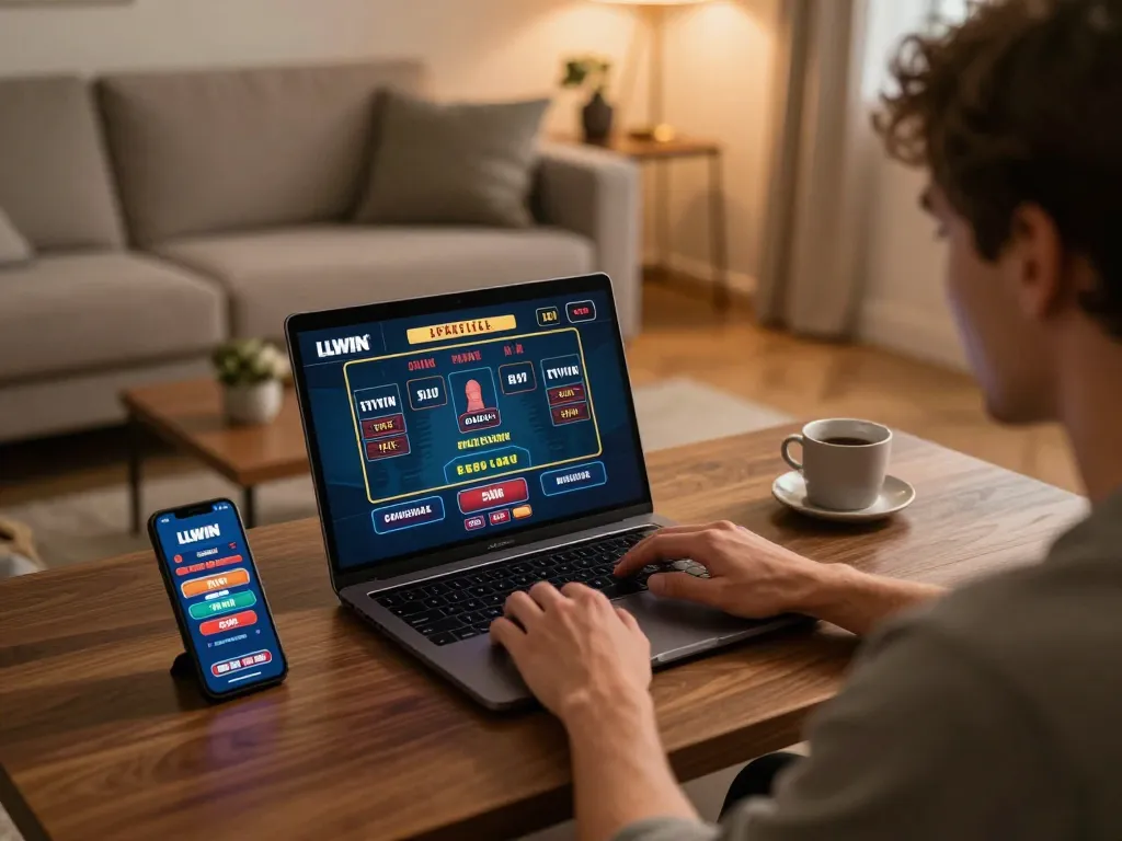 Playing LLWIN Download on a laptop in a stylish living room, showcasing an engaging online gaming environment.