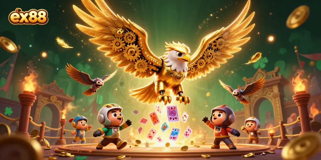 Experience thrilling gameplay with ex88 in a vibrant, dynamic casino illustration featuring golden eagles and holographic cards.