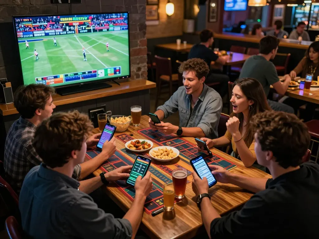Engaged bettors using mobile apps at https://vin88.is/ while enjoying live sports at a vibrant sports bar