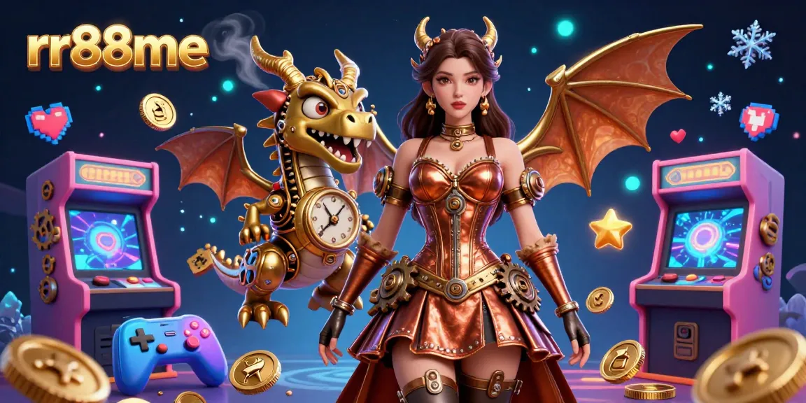 Experience thrilling gaming with rr88me, showcasing a vibrant gambling scene featuring steampunk characters and arcade elements.