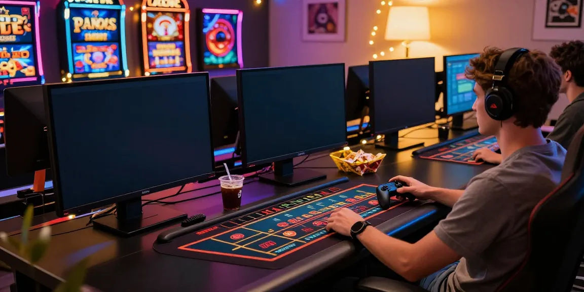 Engaging online casino gaming scene at https://1da88.it.com/ with multiple screens and vibrant LED lights.