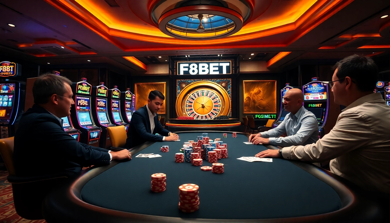 Engaging poker players at a luxurious F8BET casino table with vibrant slot machines.