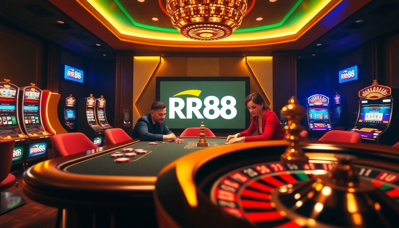 Players engaging in high-stakes poker at RR88, showcasing excitement and vibrant casino elements.
