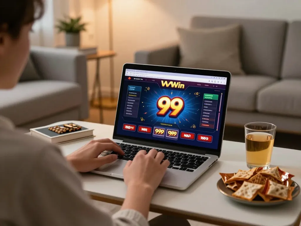 Person enjoying 99Win online casino gaming in a cozy home environment with strategic focus.