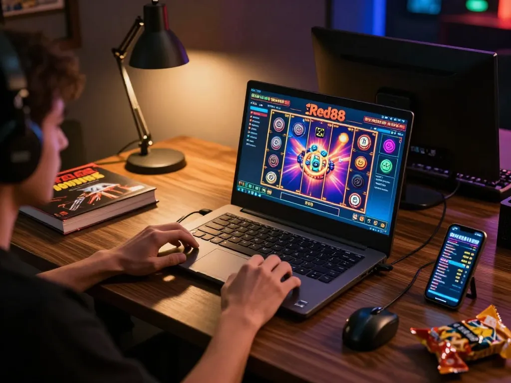 Engaged player using red88 online casino on laptop while tracking bets on smartphone.