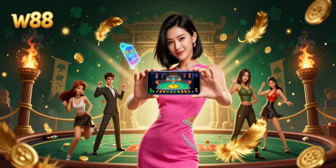w88 casino scene featuring an Asian woman engaging with live dealer games, surrounded by dynamic gambling elements.