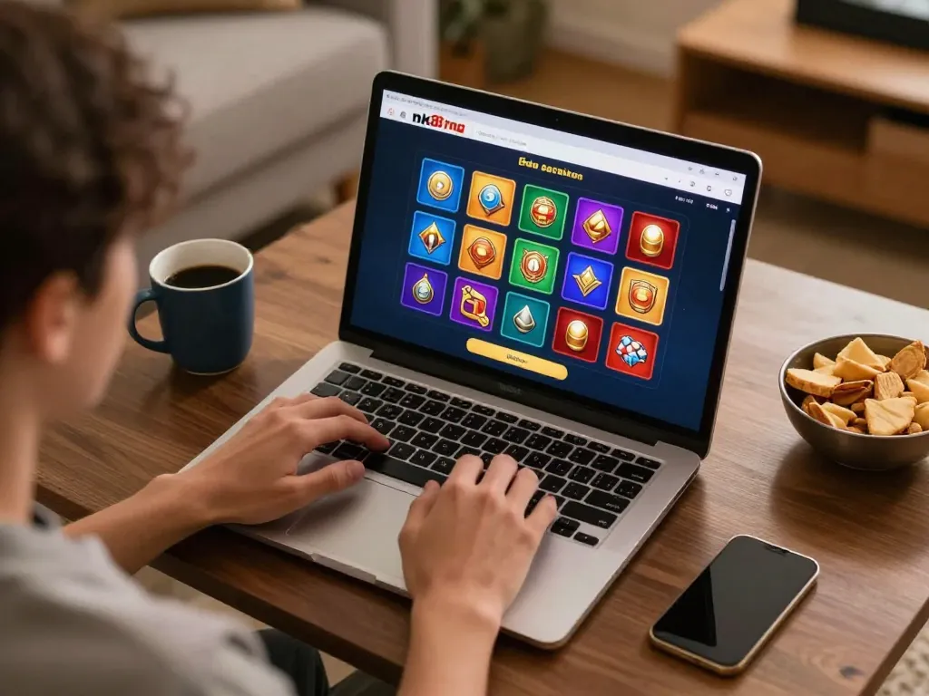 Engaging in nk88 đăng nhập from home, a player immersed in online casino gaming atmosphere.