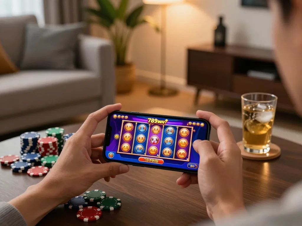 Engaging gameplay on the app 789win showcasing vibrant slot graphics in a modern lounge setup.