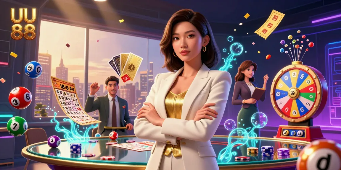 Engage in the vibrant world of UU 88 with a powerful casino scene showcasing dynamic lottery elements and an elegant dealer.