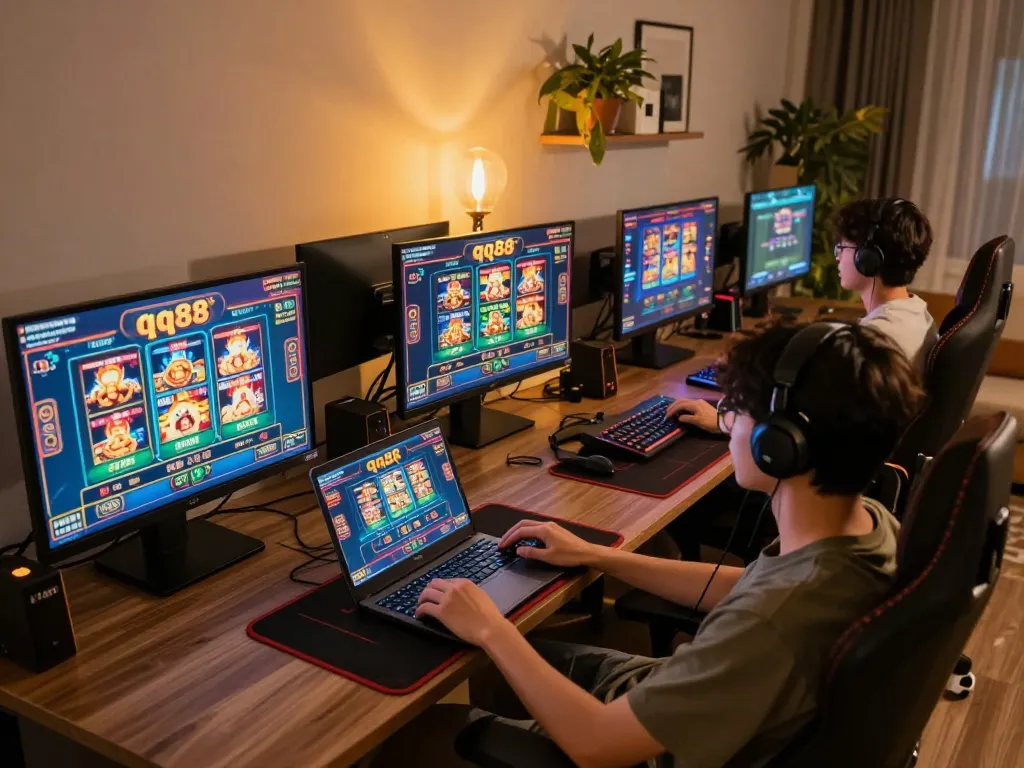 Player engaging with qq88 online casino, showcasing a dynamic home gaming setup with vibrant games displayed