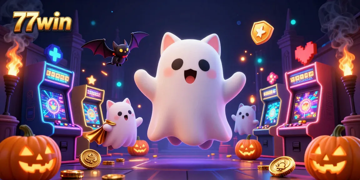 Engage in thrilling gameplay at 77win's casino with vibrant characters, arcade elements, and immersive visuals.