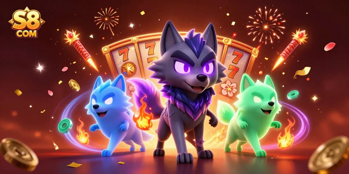 Experience the thrill of S8 COM with a dynamic 3D illustration featuring vibrant casino elements and ghostly wolves.