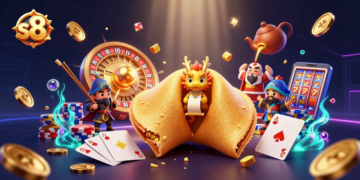 S8 offers thrilling gameplay with a giant fortune cookie and golden treasures in a vibrant casino scene.