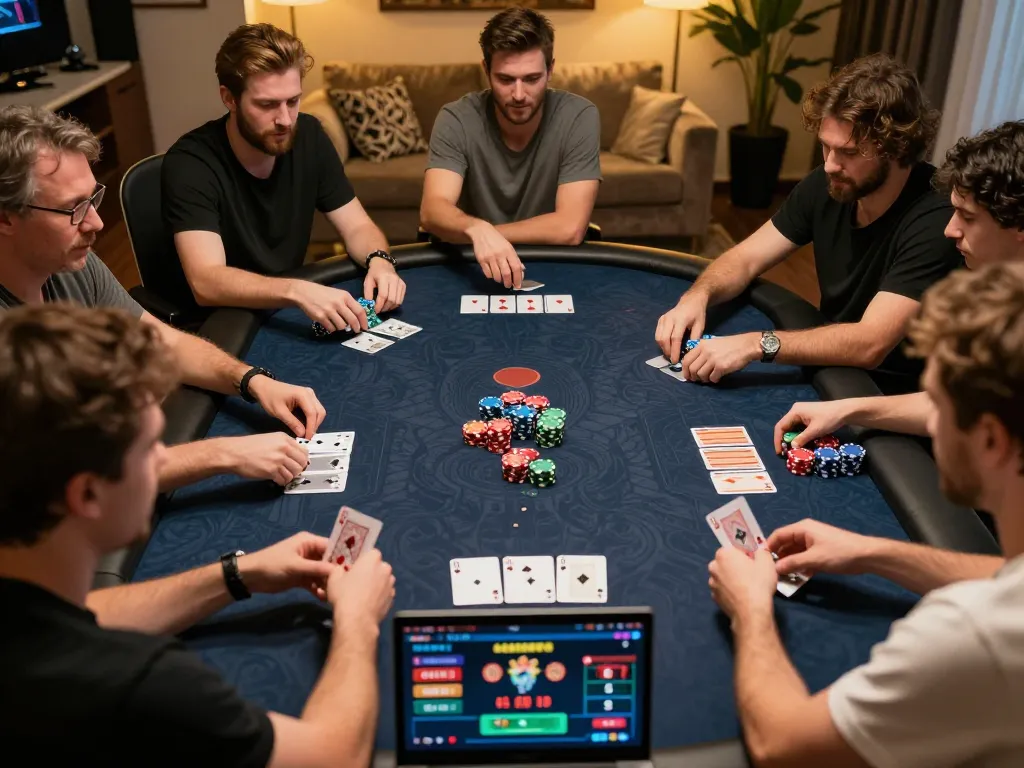 Nohu90 poker players strategizing during an exciting online game with colorful chips and focused expressions
