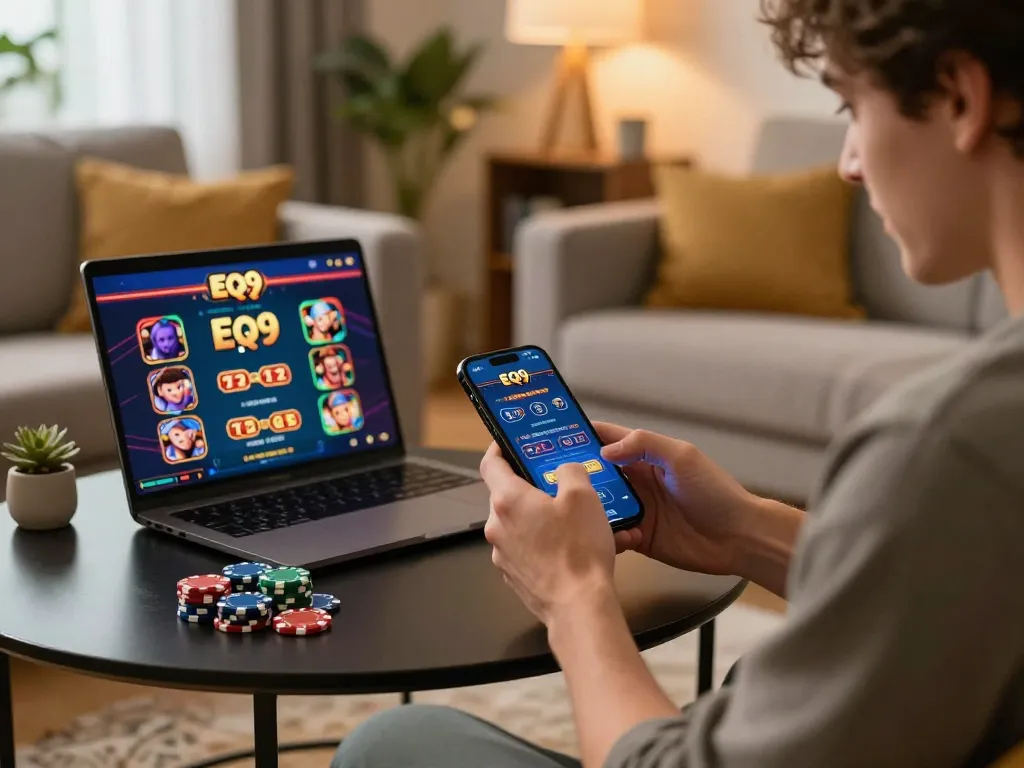 Player enjoying live casino games on EQ9 mobile app in a cozy home environment