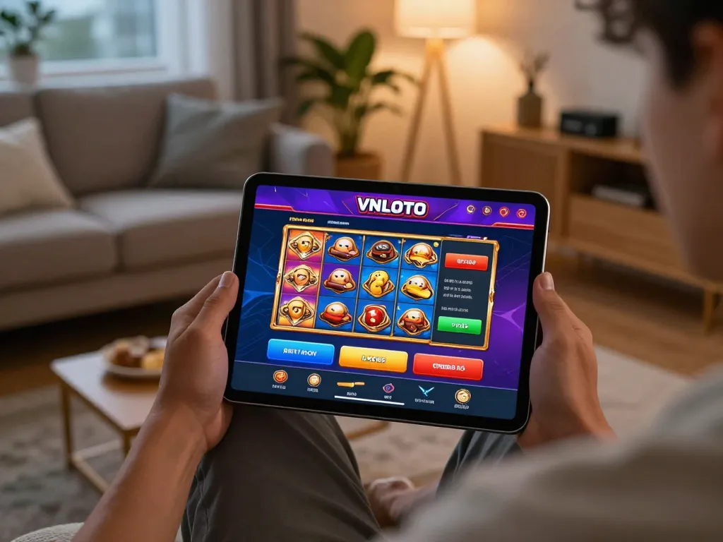 Player engaging with VNLOTO online casino on tablet, enjoying a cozy home gaming environment