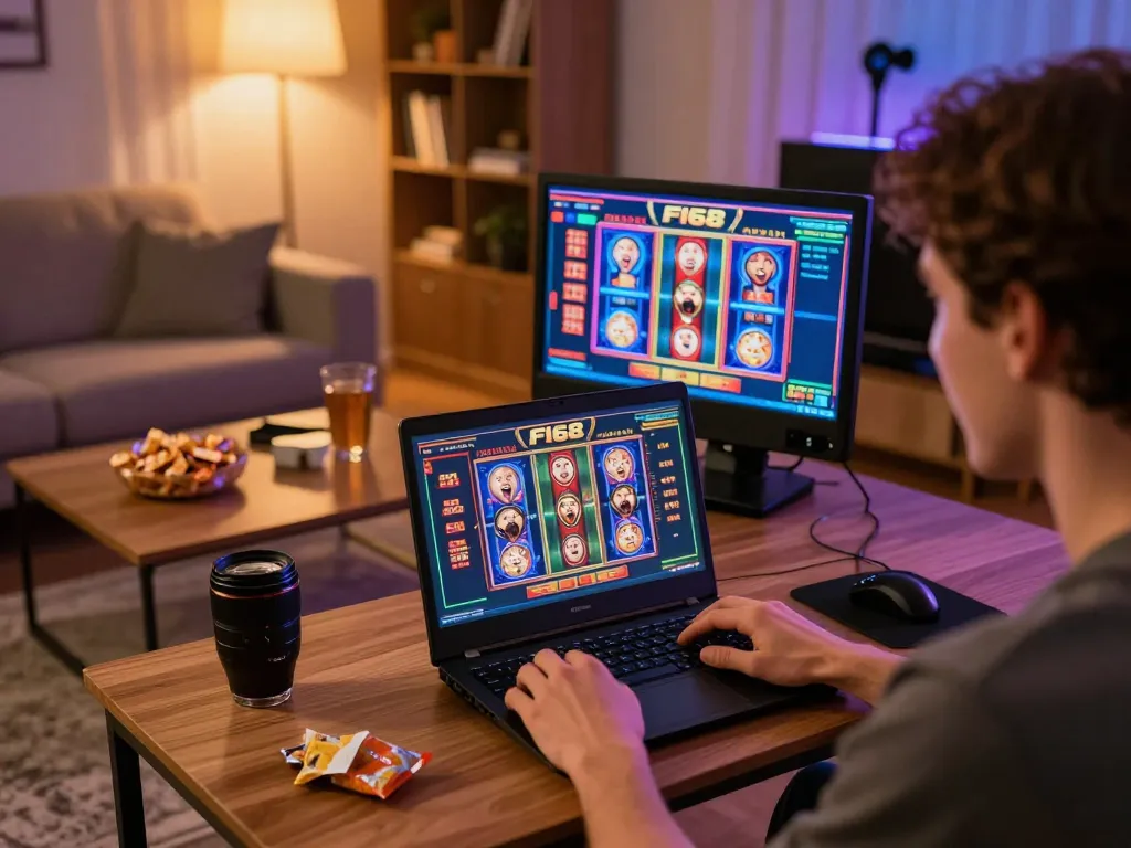 Player engaging with F168 online casino on laptop in cozy home setting, showcasing excitement.