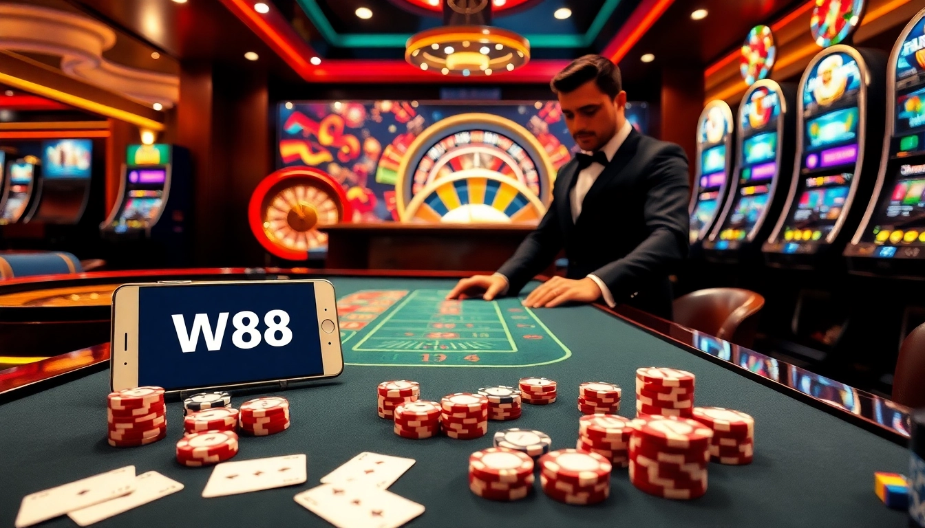 Experience seamless betting with the W88 link on your mobile device at an elegant casino setting.