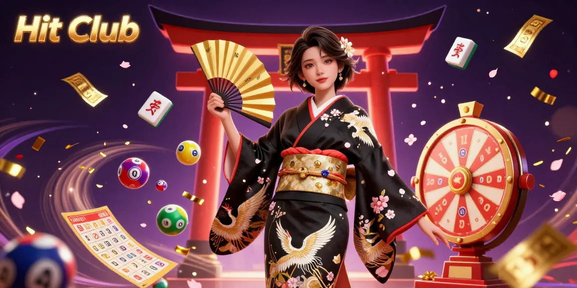 Experience the thrill of Hit Club with vibrant gambling elements and a stunning Asian hostess.