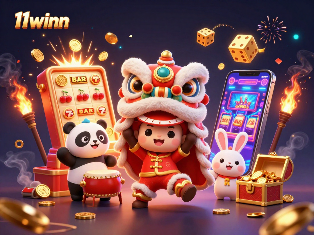 Win exciting prizes at 11winn with a vibrant scene of festive characters and casino games