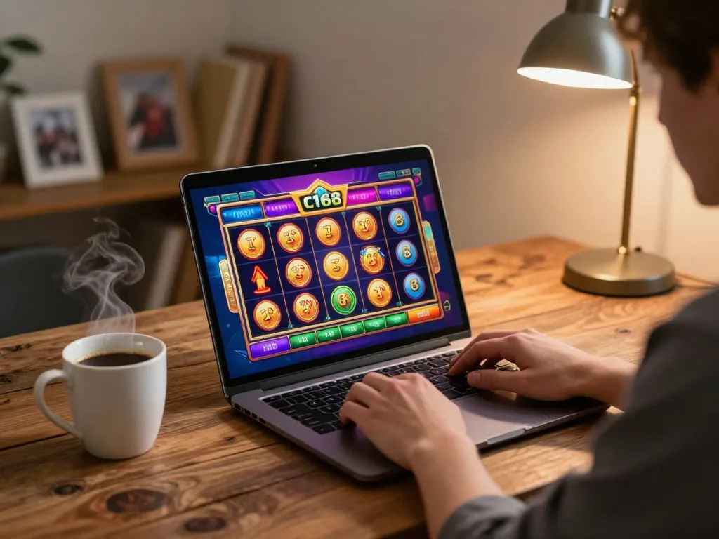 C168 casino gameplay on laptop with dynamic slots interface in a cozy home setting