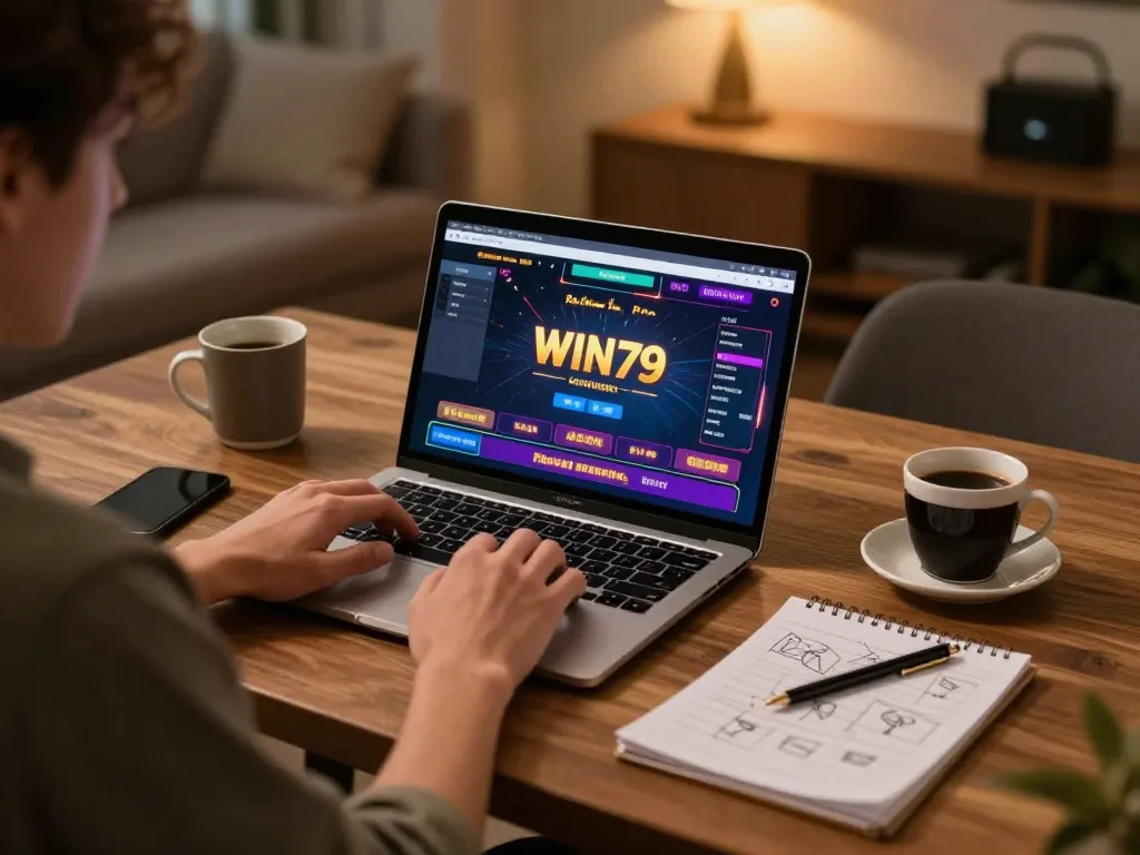 WIN79 user engaged in live dealer gaming on laptop in a cozy home setting.