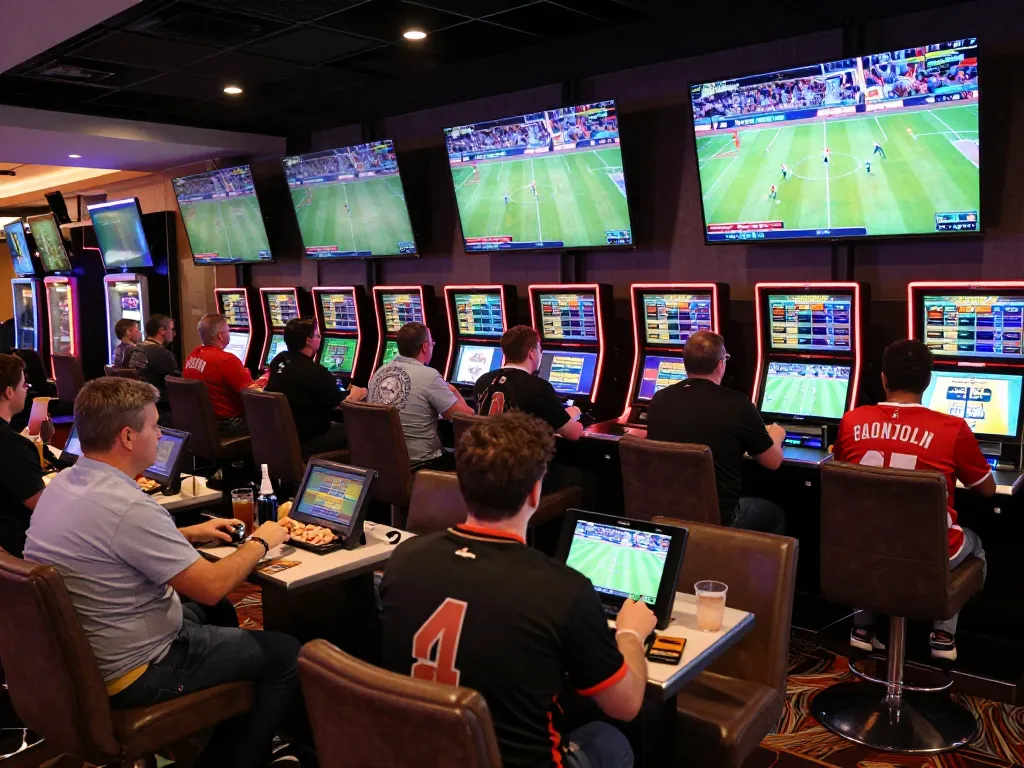 cm88 sports betting scene with enthusiastic bettors analyzing odds in a vibrant casino lounge