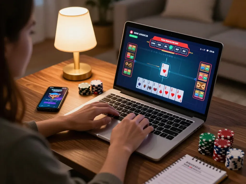 Navigating NK88 online casino game with dynamic live dealer action, showcasing a home gaming setup.