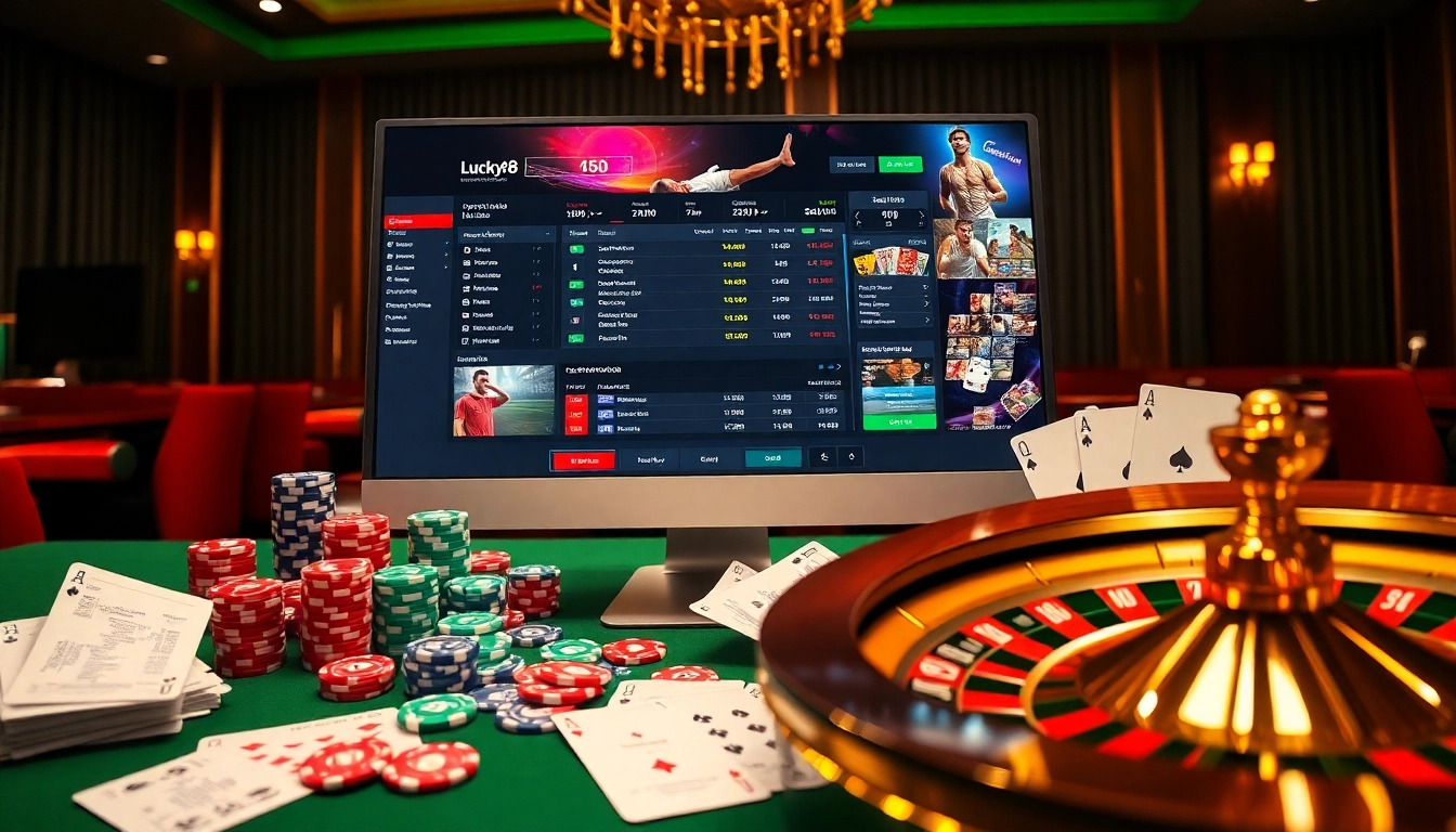 Excited players engaging with the Lucky88 online sportsbook, featuring vibrant poker chips and digital betting slips.
