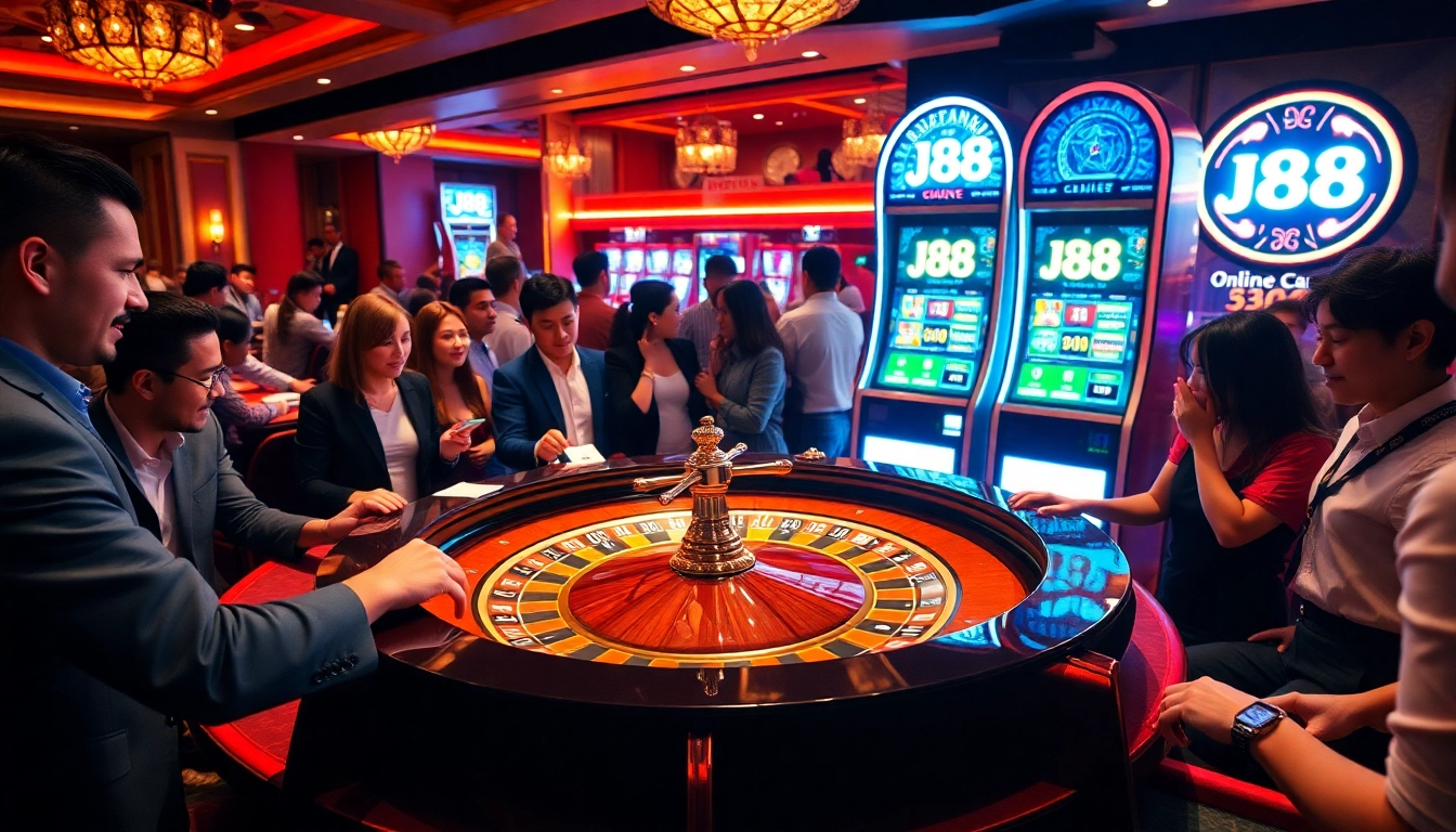 Players engaging with J88 casino games at an elegant roulette table in a vibrant setting.