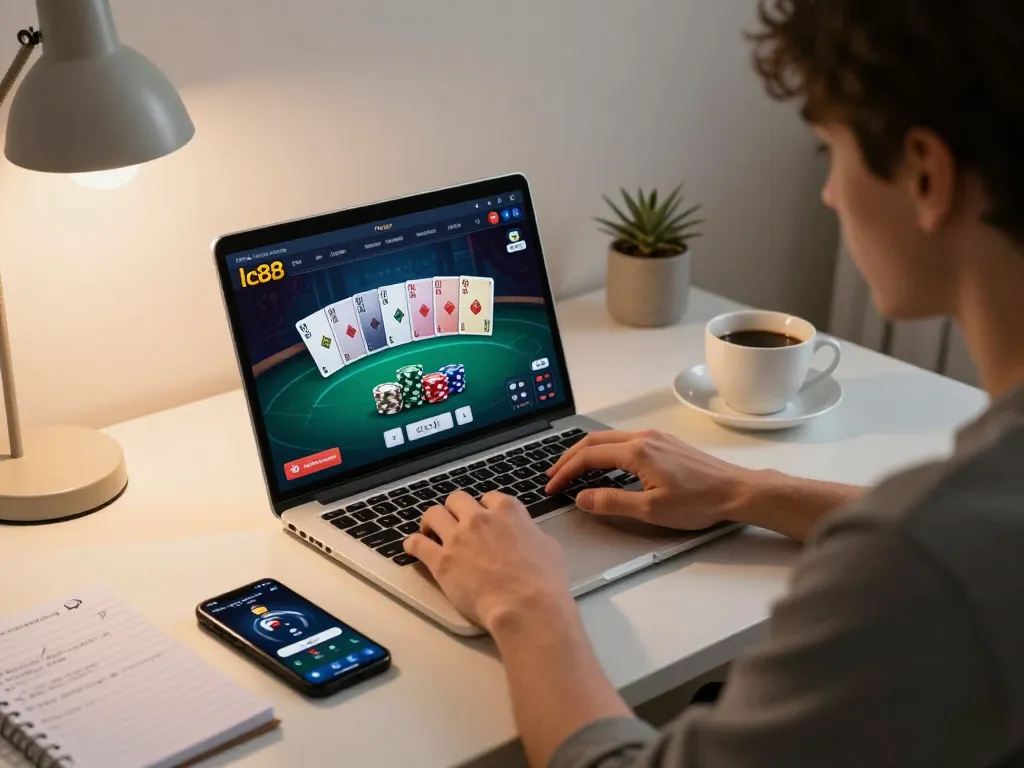 Engaging online poker session using lc88 app with a stylish home setup
