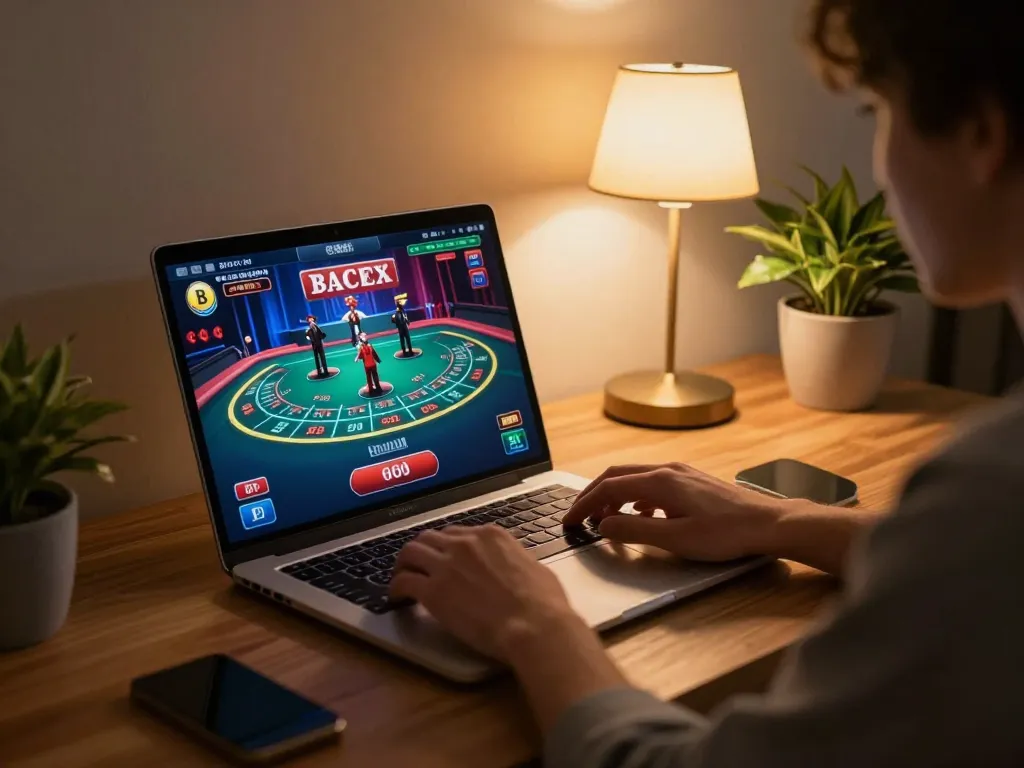 Engaged player dominating Baccarat gameplay on Vuabet88 from cozy home setup.