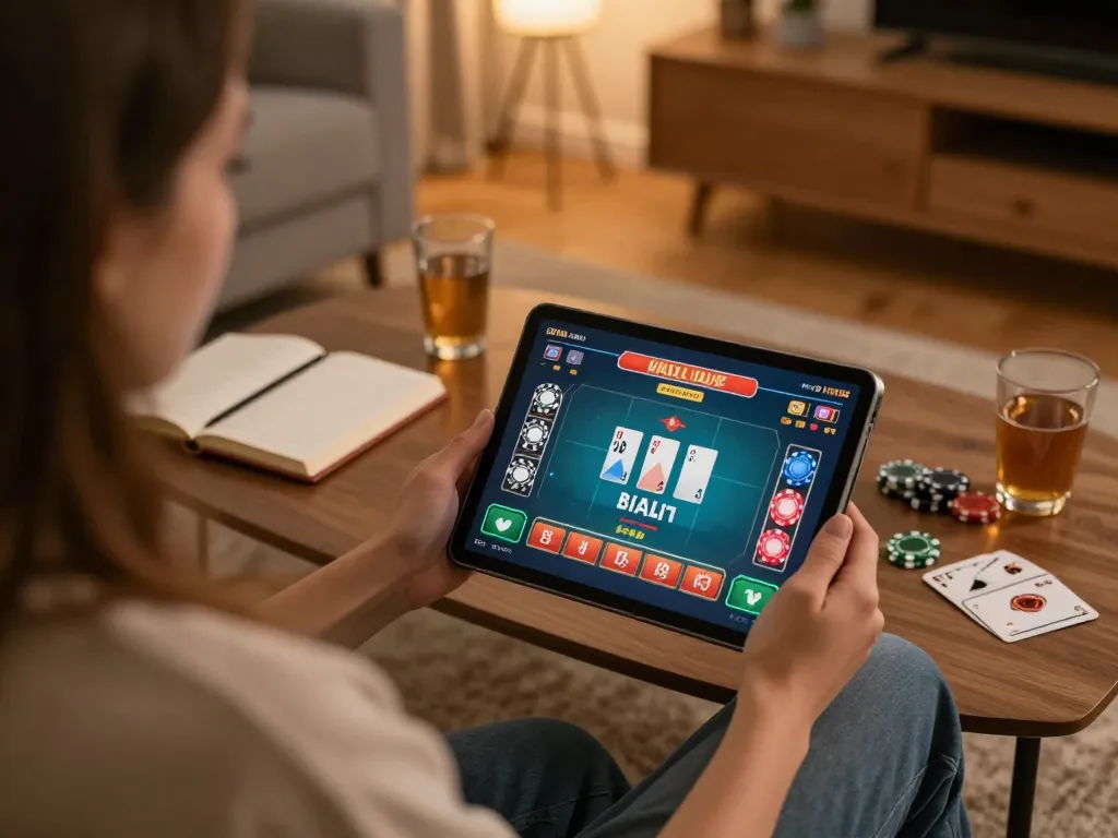 Online gambling session at home on https://11bet.se.net/ with tablet displaying casino game interface and relaxing atmosphere
