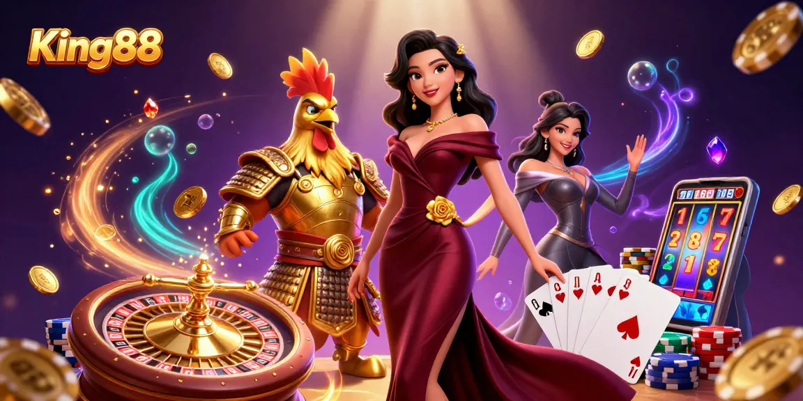 Experience King88's glamorous casino atmosphere with stunning characters amidst flying coins and vibrant gaming elements.