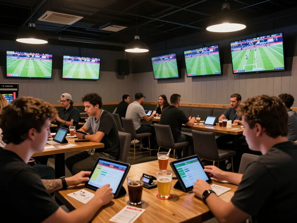 Excited bettors engaging with HZ88 sports betting app in lively lounge atmosphere.