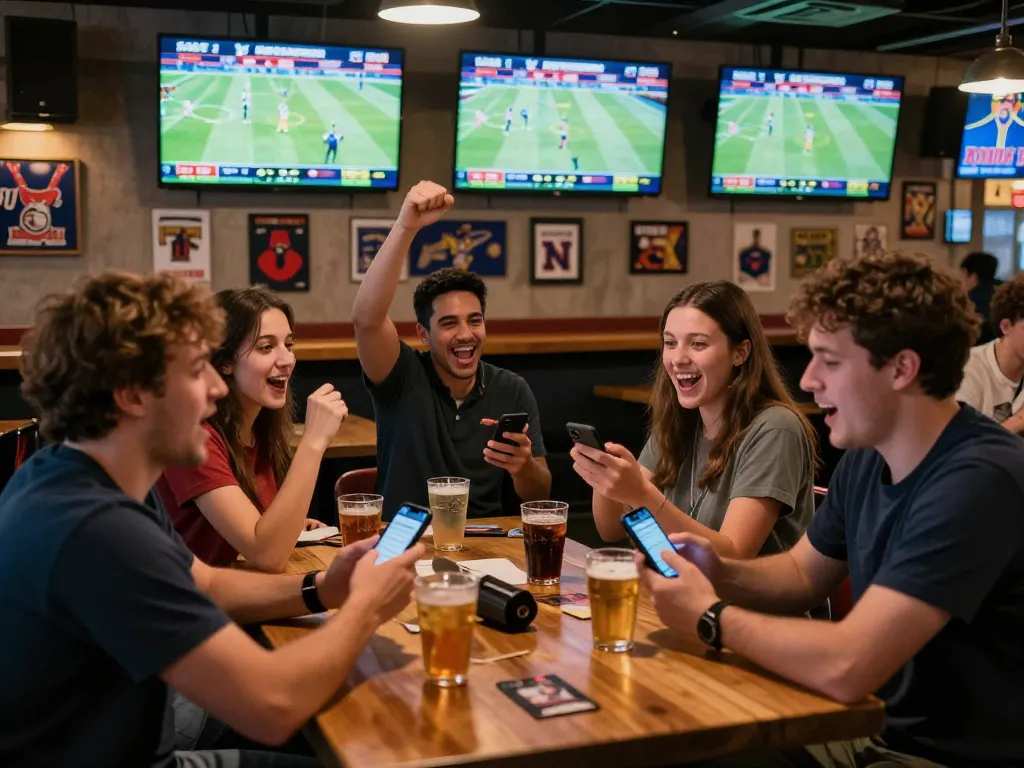 Fans enjoying sports betting at 88club, placing live bets on smartphones in a vibrant bar.