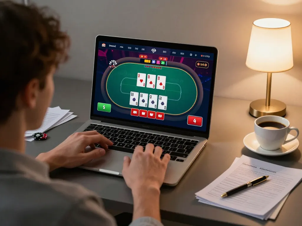 Playing online poker at home using alo8 with strategic betting options visible on laptop screen.