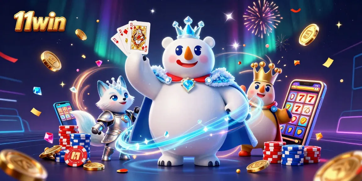 Win big with 11win in this vibrant illustration featuring a polar bear, snow fox, and casino elements.