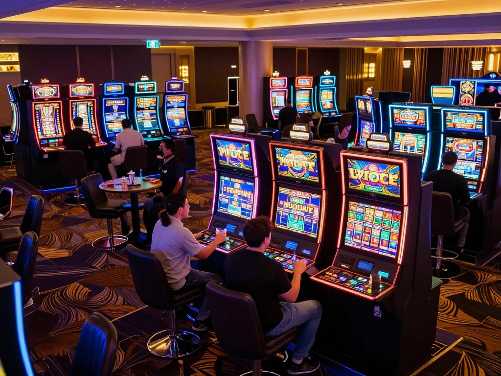 Players enjoying vibrant HIT CLUB slot machines with excitement in a lively casino atmosphere.
