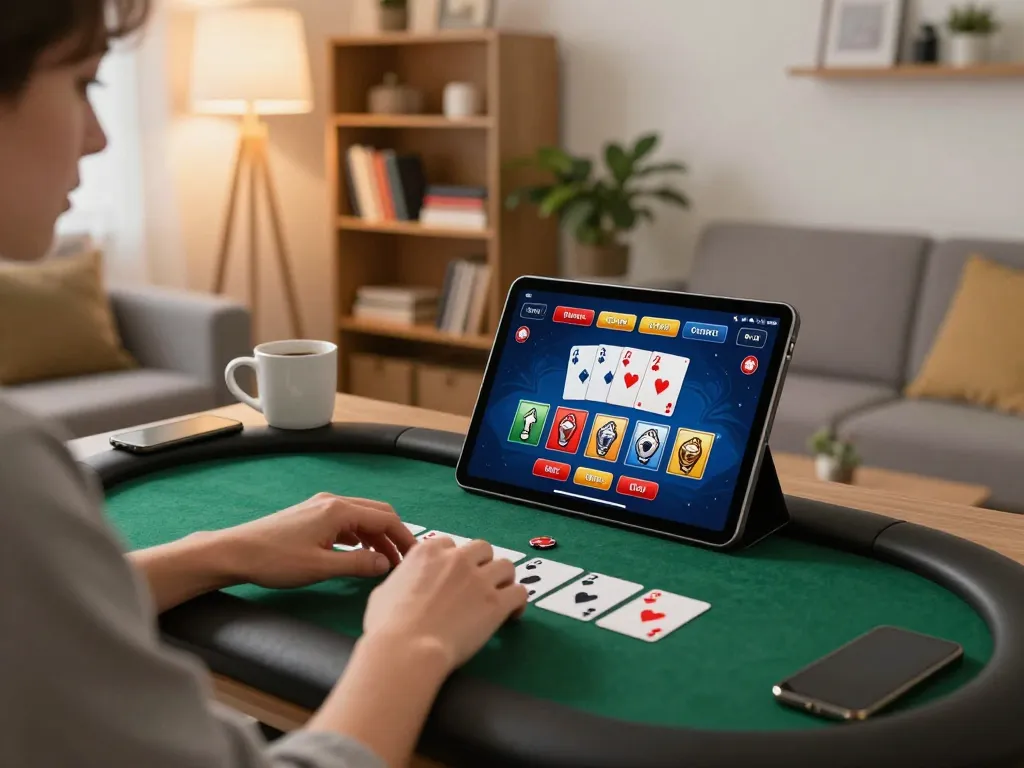 VT88 online poker gameplay on tablet in cozy home setting with ambient lighting